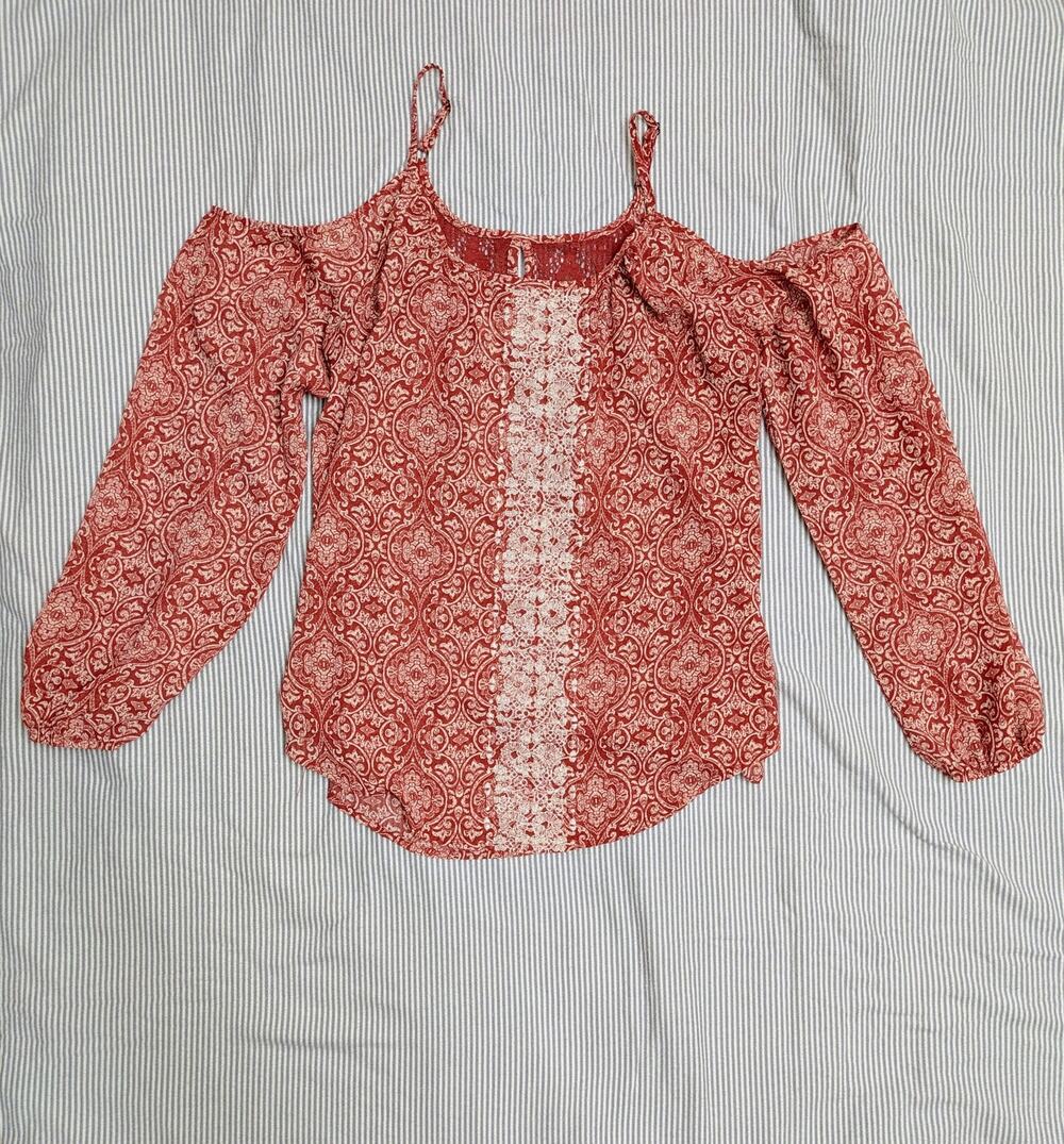 Jolt - Rust Paisley Cold Shoulder Crochet Lace Boho Blouse - Sz M